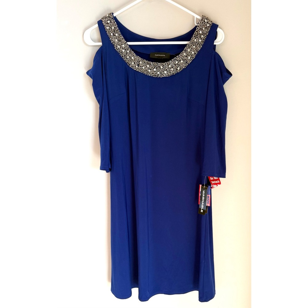 NWT R&M Richards Cold Shoulder Dress 8 Royal Blue Beaded Neckline Cocktail